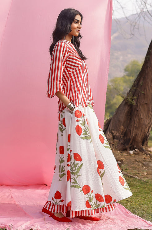 Brij Red Poppy Stripe Top & Skirt Set